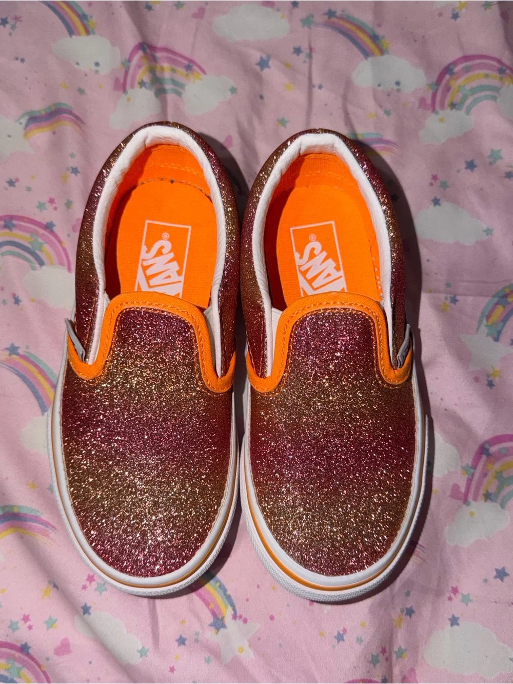 Vans Kids Glitter Slip-On Sneakers in Orange and Pink